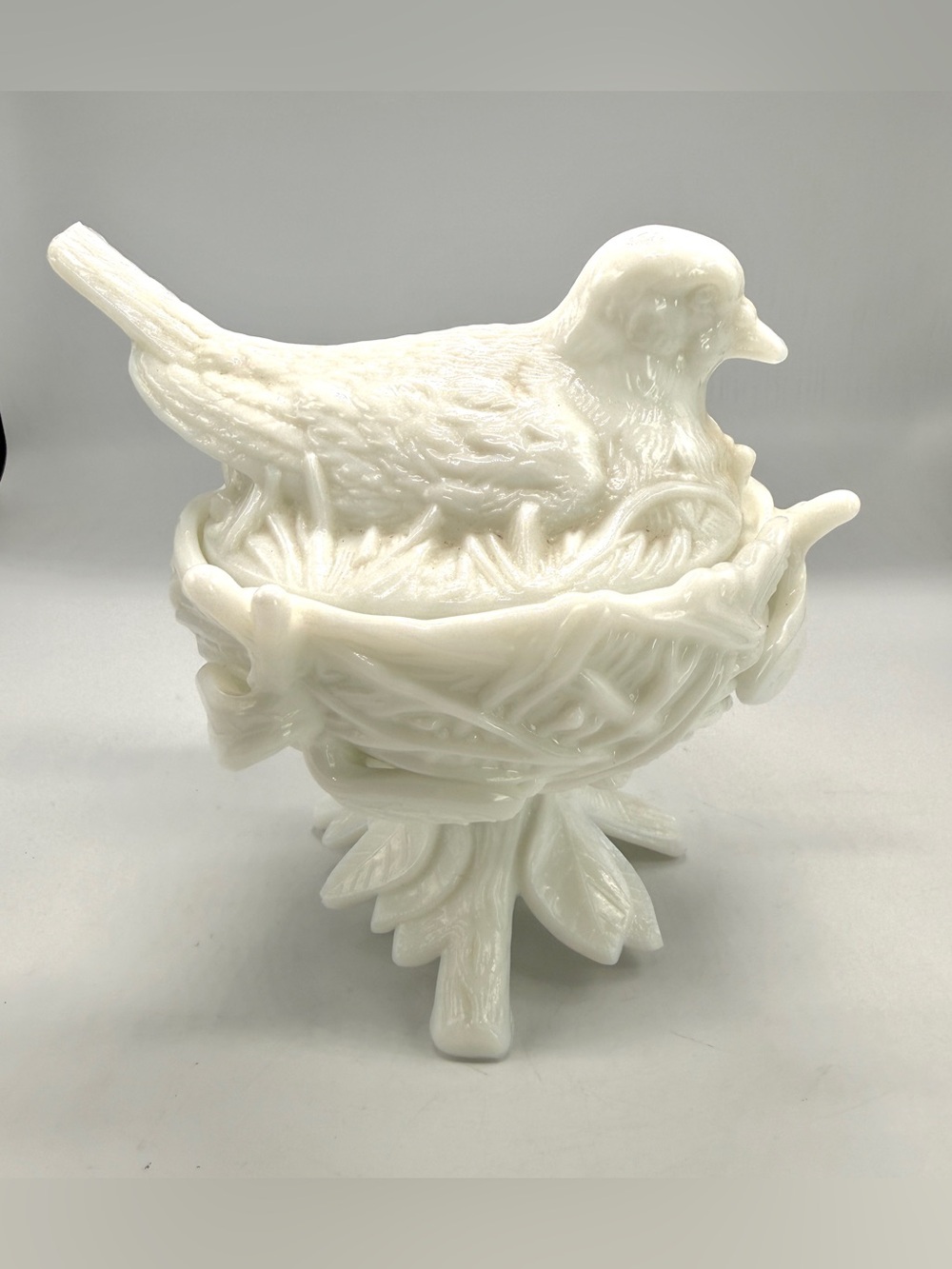 VTG Westmorland Milk Glass Lidded Bird on Nest Collectable Dish, 6” Tall